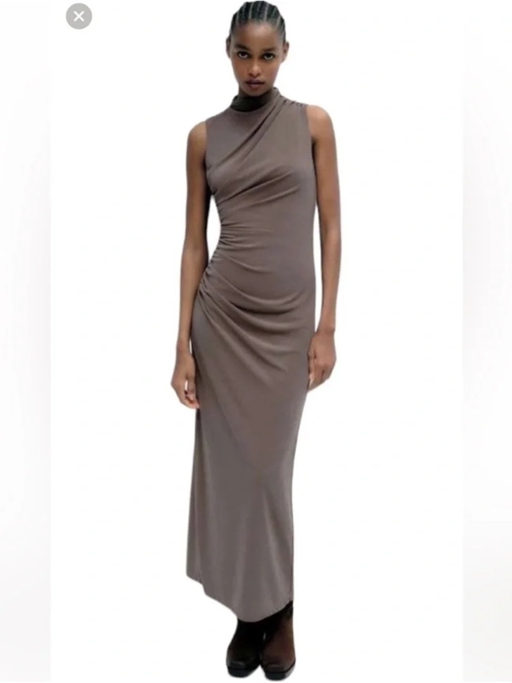 EUC Zara Sleeveless Mock Neck Ruched Taupe/Grey Maxi Dress